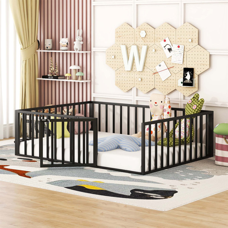 Metal Floor Bed Frame With Fence And Door, Black, Full