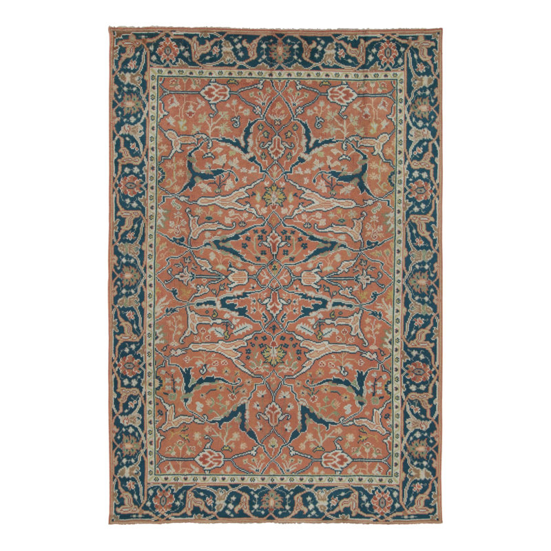 Vintage European Rug In Orange, Blue And Ivory Geometric Pattern - Rug & Kilim