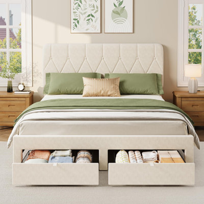 Queen Size Velvet Bed Frame w/ 2 Storage Drawers, Upholstered Platform Bed, Beige