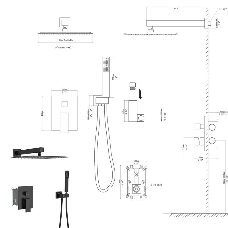 10 Inch Wall Mounted Dual Shower - Matte Black With Rainfall And Handheld Shower, 1.8 Gpm, Stainless Steel, Noise-Reduction Design Head Kit Black, Mounted, Handheld, Includes Installation Instructions