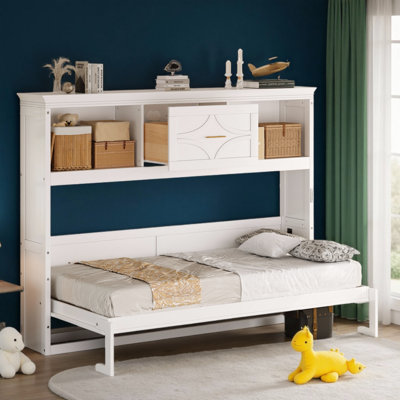 Lit mural pliable en bois massif avec tiroir de rangement, lit escamotable simple avec station de charge et ports USB