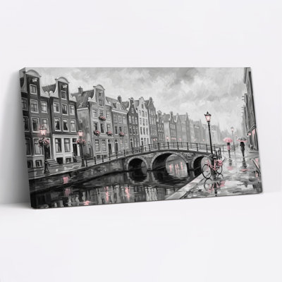 Black and White Canal Bridge with Pink Bicycle Canvas Wall Art