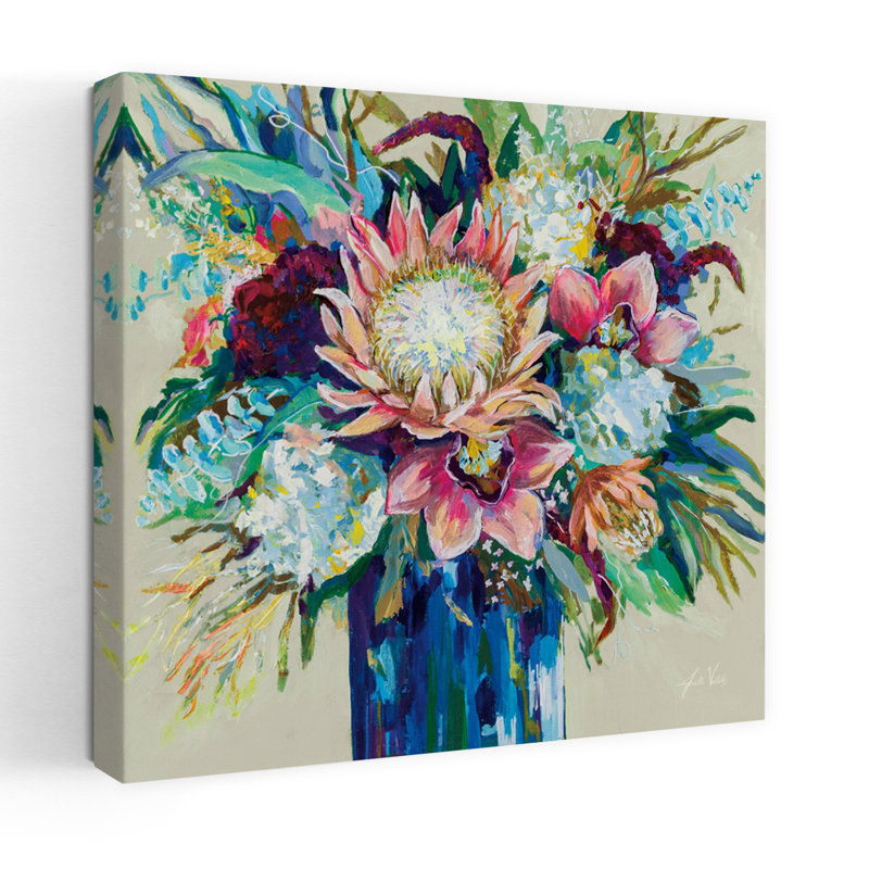 Bouquet contemporain Marias sur fond gris chaud avec art turquoise, H 48 po x l 48 po