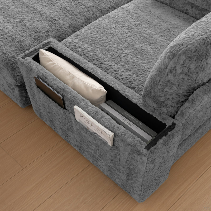Oversized Chaise Lounge Indoor,Faux Rabbit Fur Sofa Bed with Storage Ottoman and Armrests, Gray