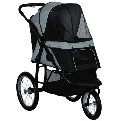 Small To Medium Dog Stroller With 3 Big Wheels, Foldable Structure, Adjustable Sunshade, Tie-Down, Storage Box, Gray For & Dogs, Shade, Tie, Bin,