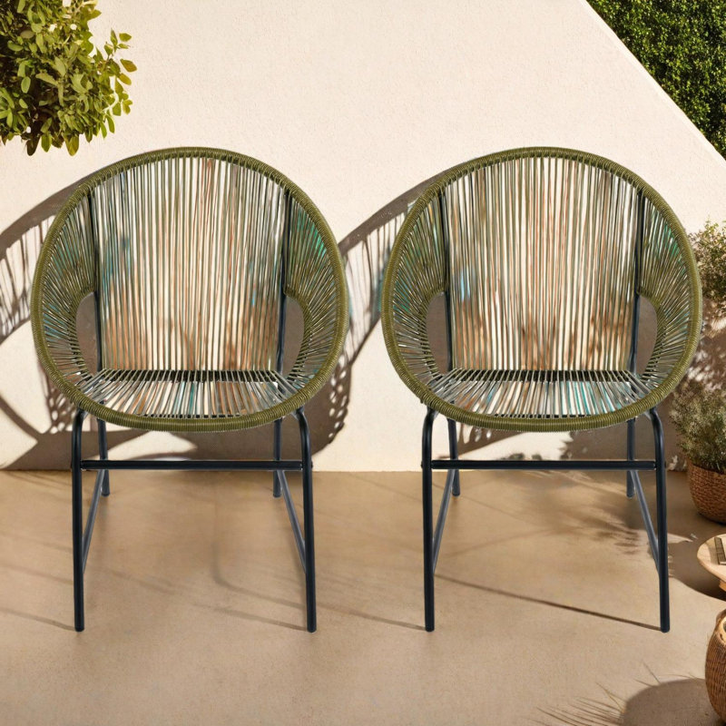 Fauteuils d'extérieur en osier avec cadre en fer, ensemble de 2, Vert