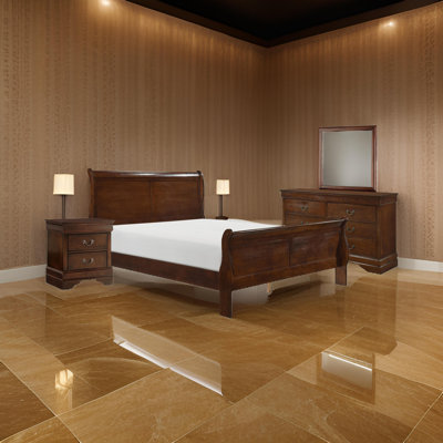 Ensemble de chambre à coucher grand lit quatre pièces Fy, poignées en métal laiton antique, brun cerise