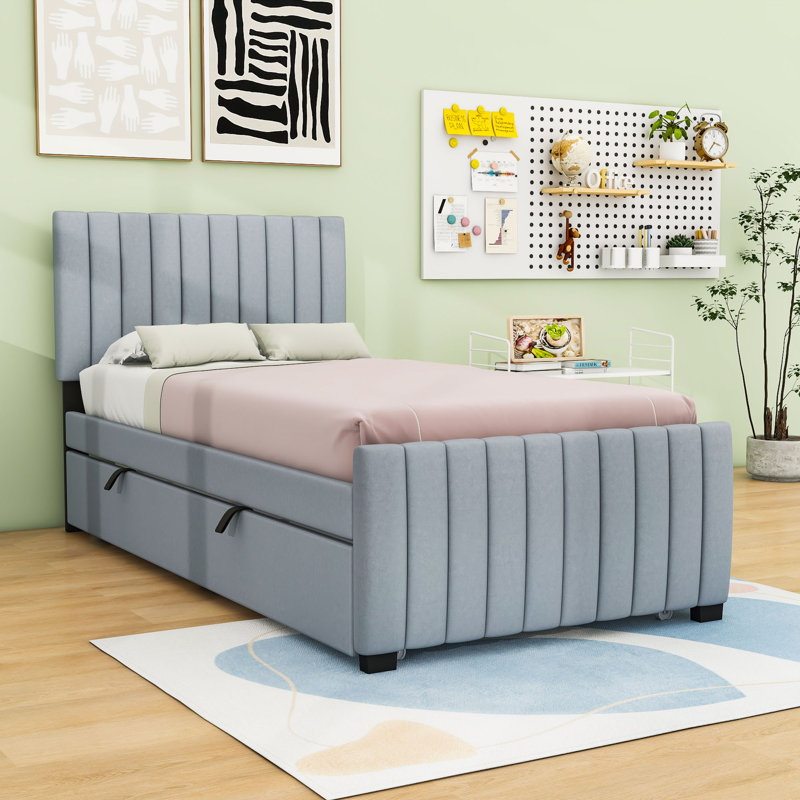 Lit plateforme double tapissier avec lit gigogne, Twin, gris