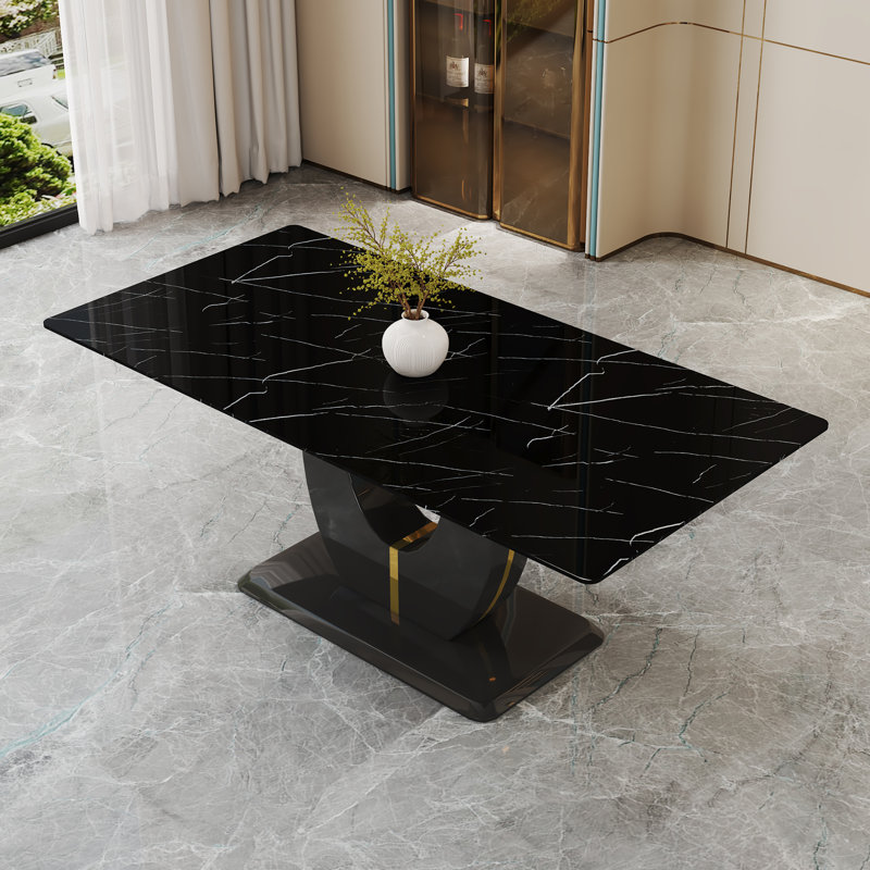 71" Black Faux Marble Rectangular Dining Table with U-Shaped Pedestal Base, Black