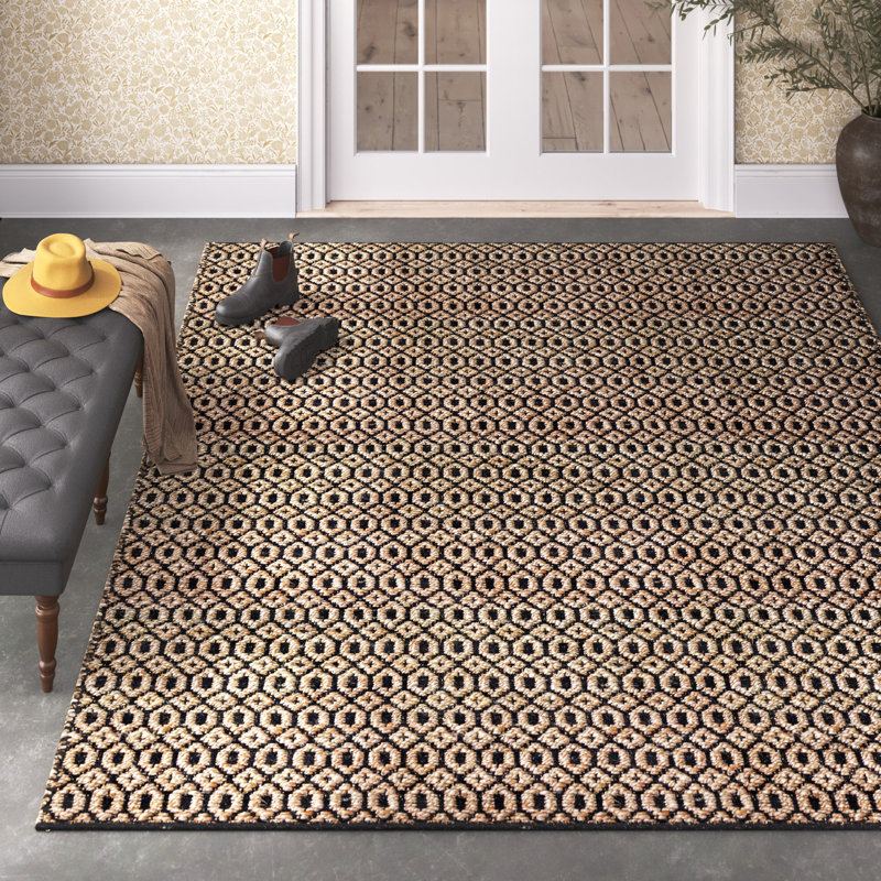Handwoven Black and Tan Geometric Jute Cotton Rug, 4' x 6'