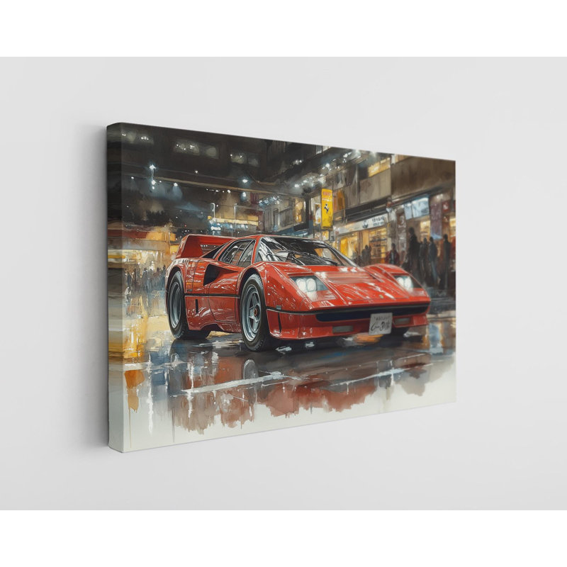 Reproduction d'art dynamique rouge sur toile «Giant Night City» pour les amateurs de voitures - prêt à accrocher ou à rouler, reproduction d'art
