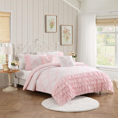 Vintage Floral Ruffles Pink 4-Piece Microfiber Comforter Set - Twin