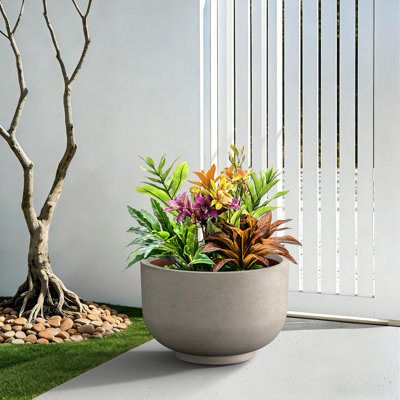 17.5"W x 11.5" H Large Warm Gray Concrete Planter / Pot Lightweight Planter Bowl with Drainage Holes