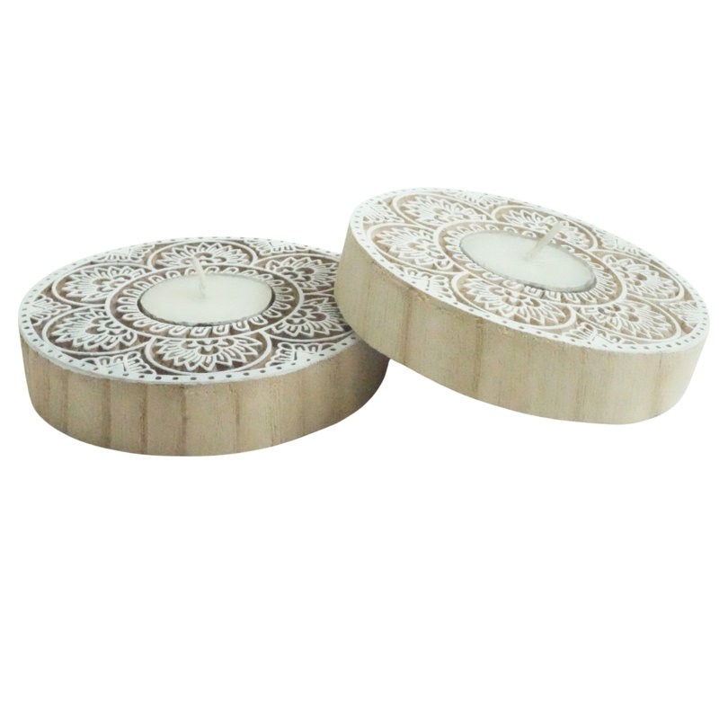  Handmade Wood Candle Stand Natural Stain Finish for Living Room & Table Décor-(Pack Of-3), 3