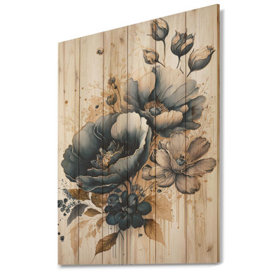Fleurs de pavot bleu marine et or III - impression sans cadre sur bois