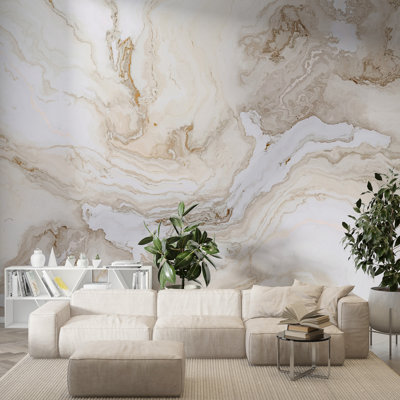 Murale en marbre beige | Papier peint pierre de luxe doré veiné | Non-tissé ou pelez et collez