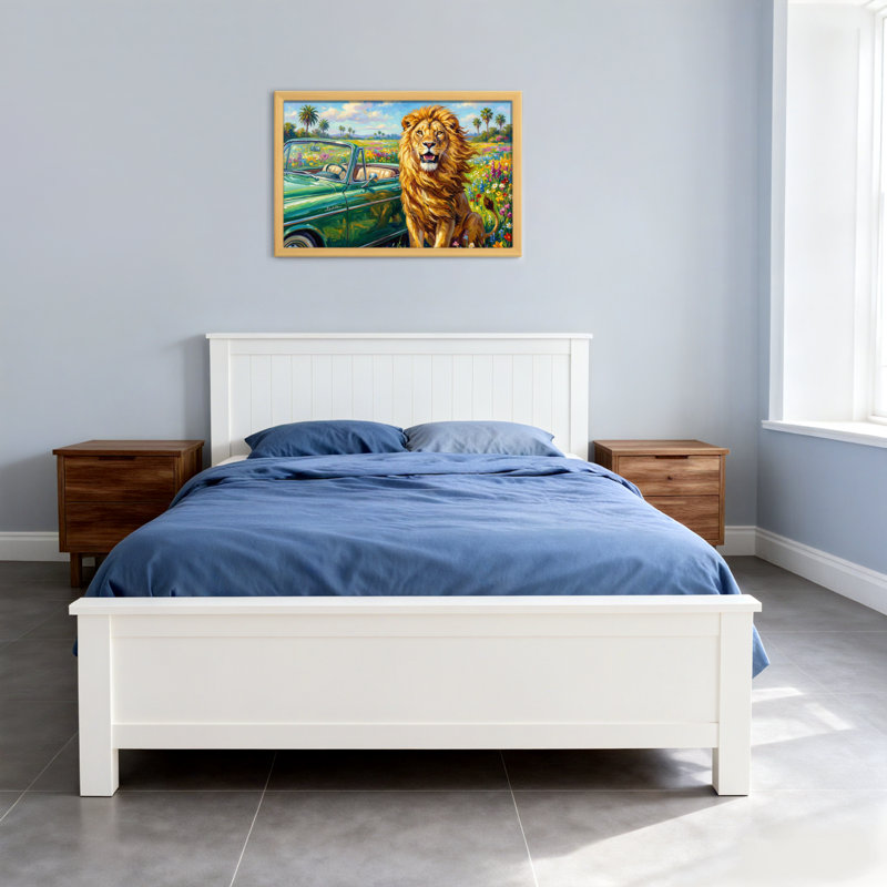 Animals Lion Standing Beside Green Car In Flower Field, 12" H x 18" W, Wrapped Canvas, Does Not Apply