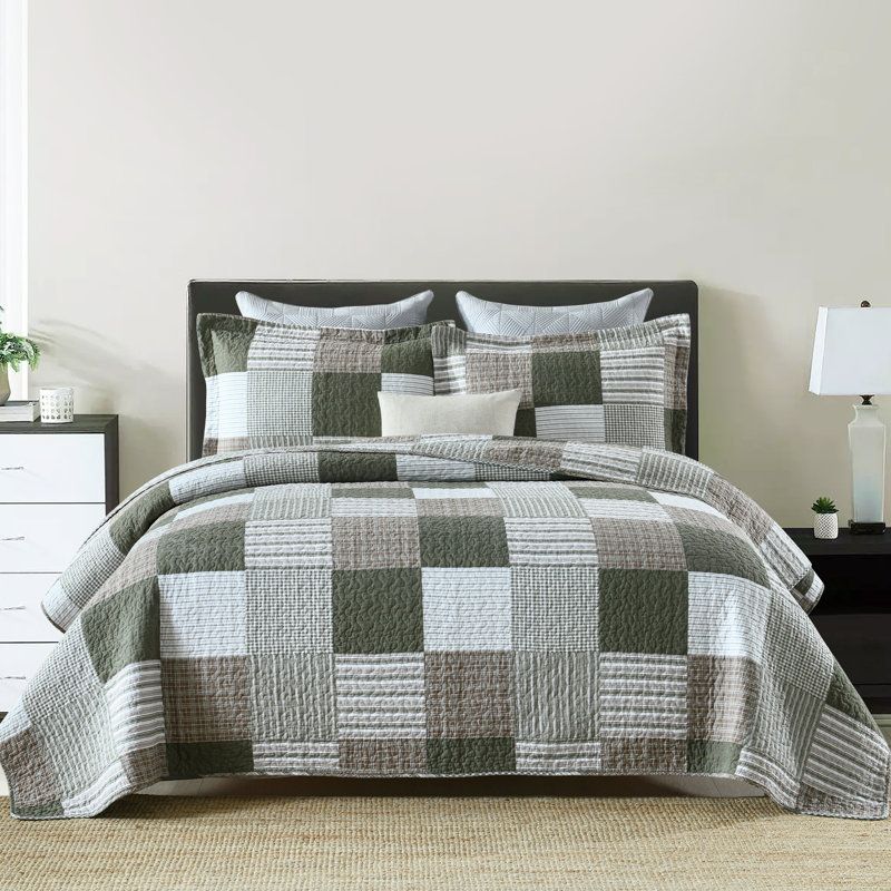 Ensemble de courtepointe 100% coton DDUOXIN Farmhouse Plaid - 1 courtepointe avec 2 taies décoratives