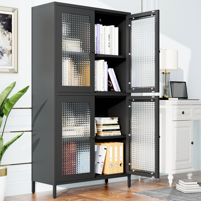 Metal Cabinet With 4 Glass Doors And Powder Coating - Black Classic Storage Tipping Feature For Kitchen