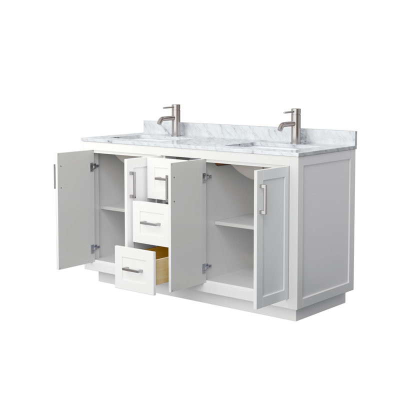 Miranda 60" Freestanding Double Bathroom Vanity with Marble Top, White, Brushed Nickel