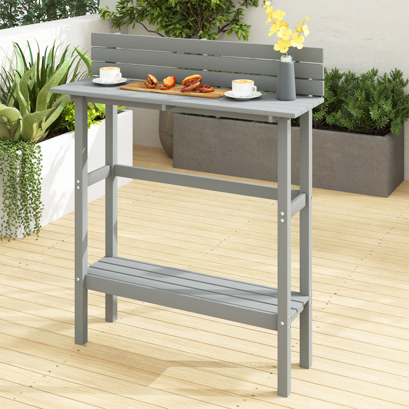 Table de bar d'extérieur avec repose-pieds intégré, plateau à lattes, gris