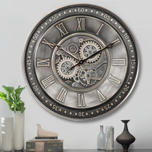 CLXEAST Grande horloge murale 24 pouces pour décoration de salon, horloges murales à chiffres romains en métal argenté antique pour le bureau personnel