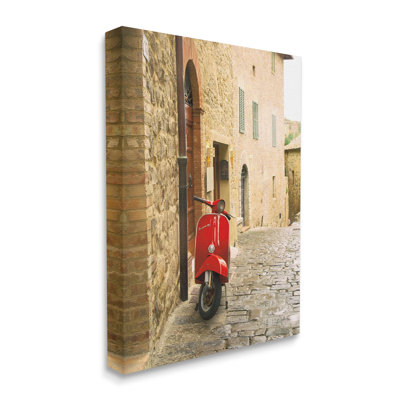 Red Moped In City Canvas Wall Art Design By Aledanda
