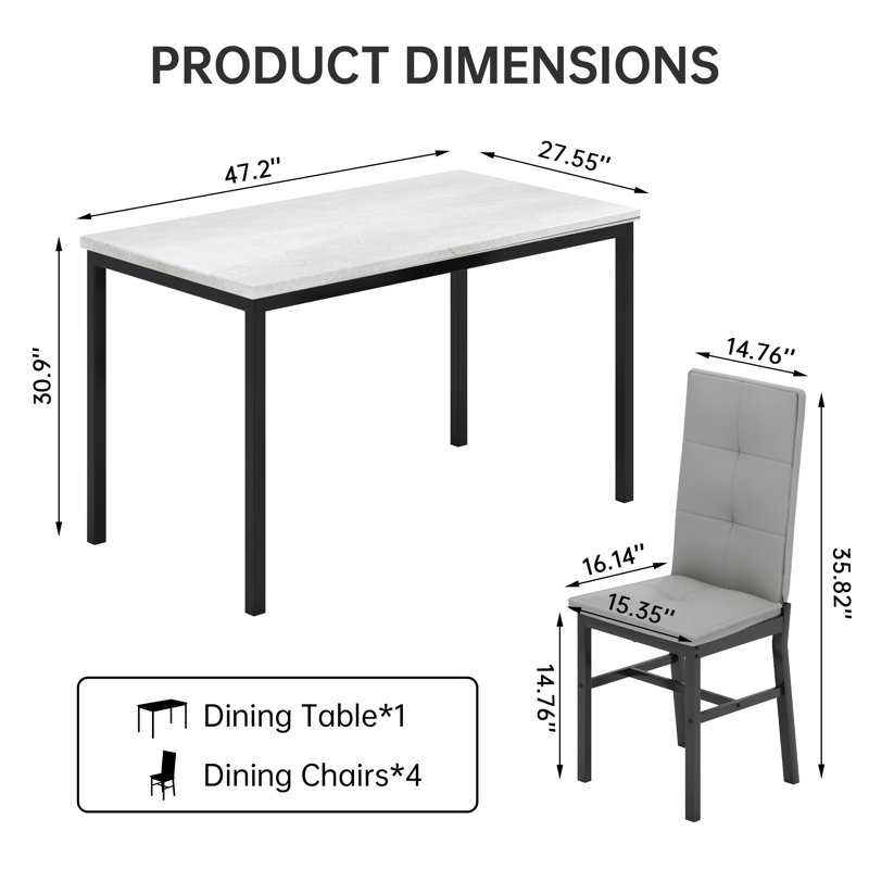 Dining Table Set For 4, Rectangle Dining Room Table Set With Four Chairs And Faux Marble Top, Dining Table Set With Backrest For Dining Or Living Room