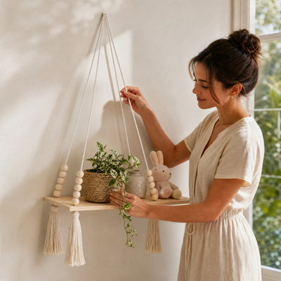 Cotton storage rope Handmade Macrame Wall Hanging Shelf Wooden Board Cotton Rope Woven Boho Storage Organizer For Home Decoration