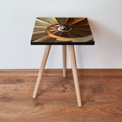 Table d'appoint moderne avec pieds en bois de hêtre, motif géométrique abstrait brun et chameau, 13,8 x 16,5 x 13,8 pouces | 100% panneau de fibres à densité moyenne avec une épaisseur de 0,71 pouce | Idéal pour le salon, la chambre à coucher et le bureau