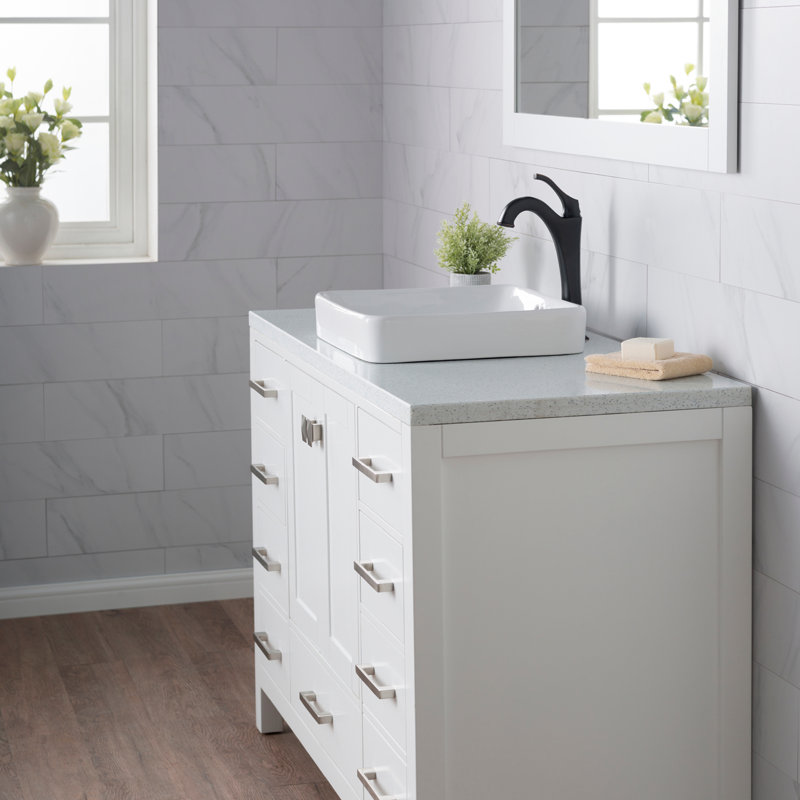 Elavo White Ceramic Square Semi-Recessed Vessel Sink, 16.25 inch