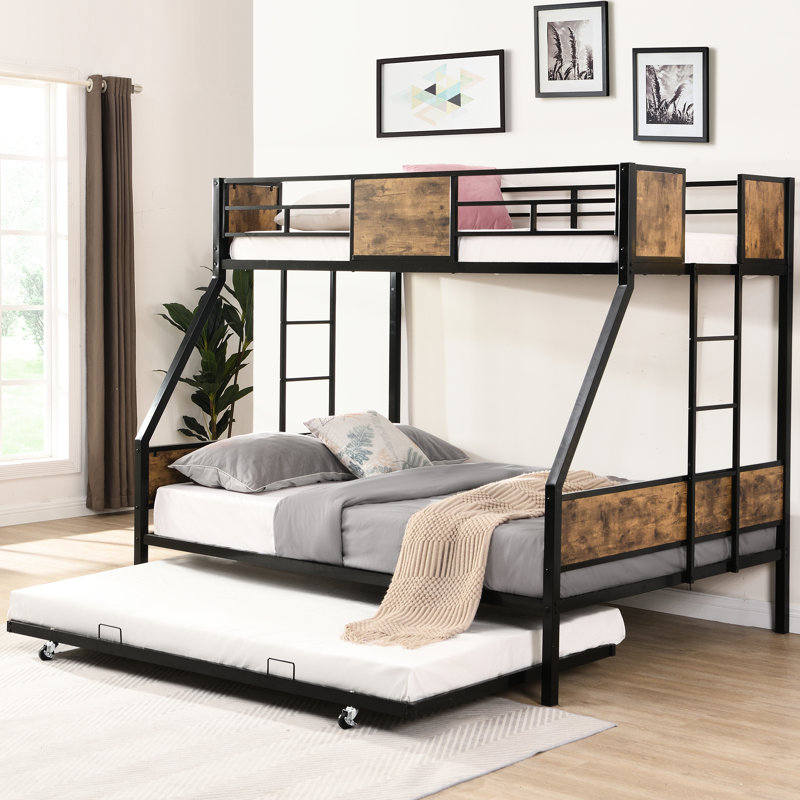 Lit superposé simple au-dessus d'un lit double en métal avec lit gigogne, garde-corps double, noir et brun, sans sommier tapissier, beaucoup de rangement, assemblage facile et couleur brune, nécessaire, démontage abondant