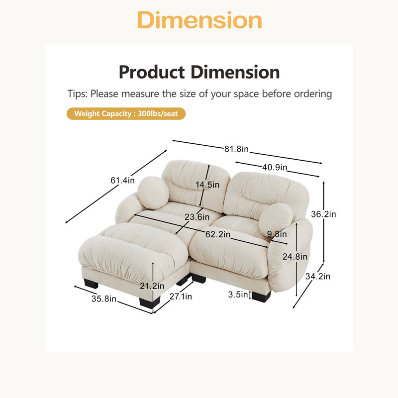 Pleated Design Cozy Chenille Fabric 2 Seater Modular Sofa With High-Density Ergonomic Foam Seat, L Shape Sectional Couch With Ottoman