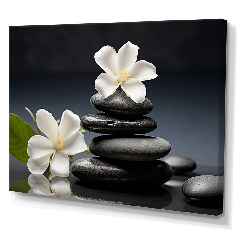 «Zen Black River Stone Blooming Magnolias», reproduction sur toile Lily, H 16 po x l 32 po x P 1 po, Toile tendue