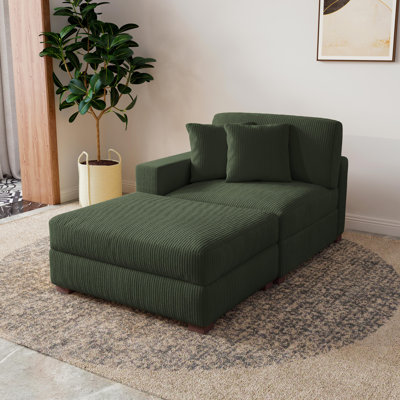 Upholstered Green Corduroy Modular  Chaise Lounge with Armrests & Throw Pillows