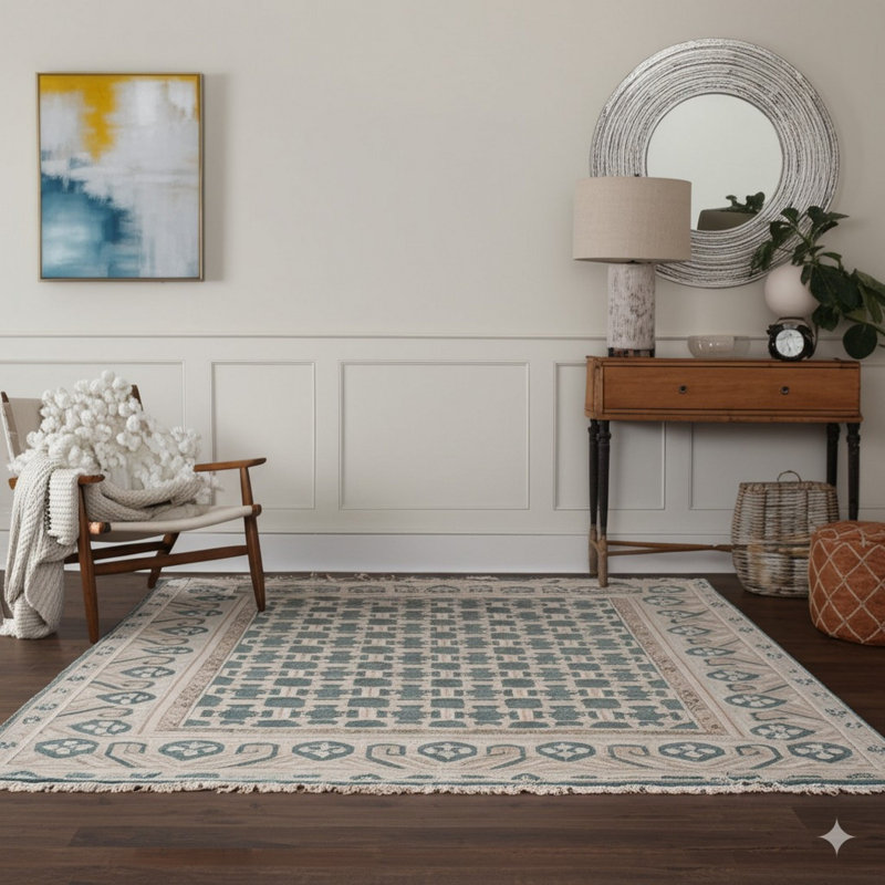 Green Hand-Knotted Wool Lattice Linked Lozenges Geometric Modern Contemporary Carpet Rug, 9' x 12'