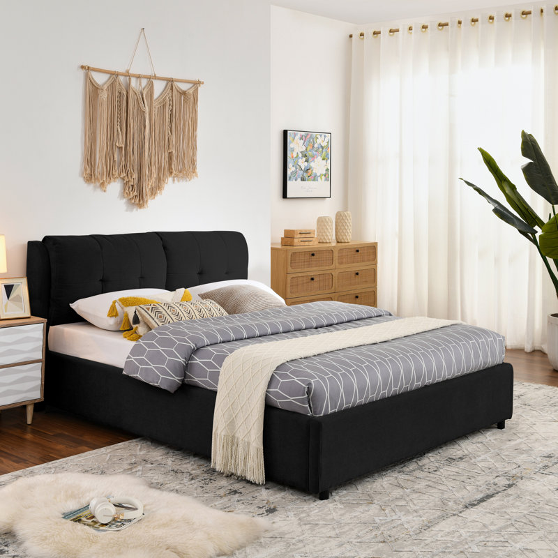 Grand lit plateforme tapissier hydraulique avec tête de lit intégrée, tissu chenille, noir, Noir, Grand