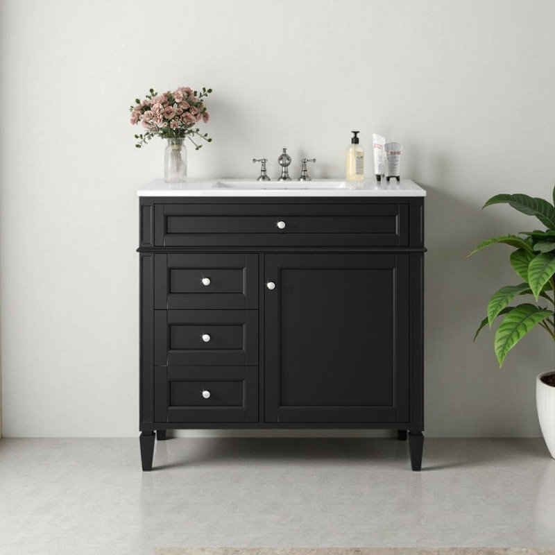 Meuble-lavabo de 36 po en bois massif avec 2 tiroirs et un tiroir basculant, Noir