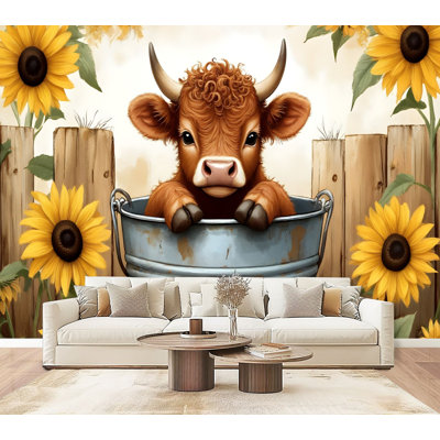 Papier peint à peler et coller, vaches Highland, art rétro, tournesol, peintures murales en forme de seau, 69 po x l 96 po, amovible, papier peint en PVC, peintures murales auto-adhésives, décoration pour le salon de la chambre à coucher