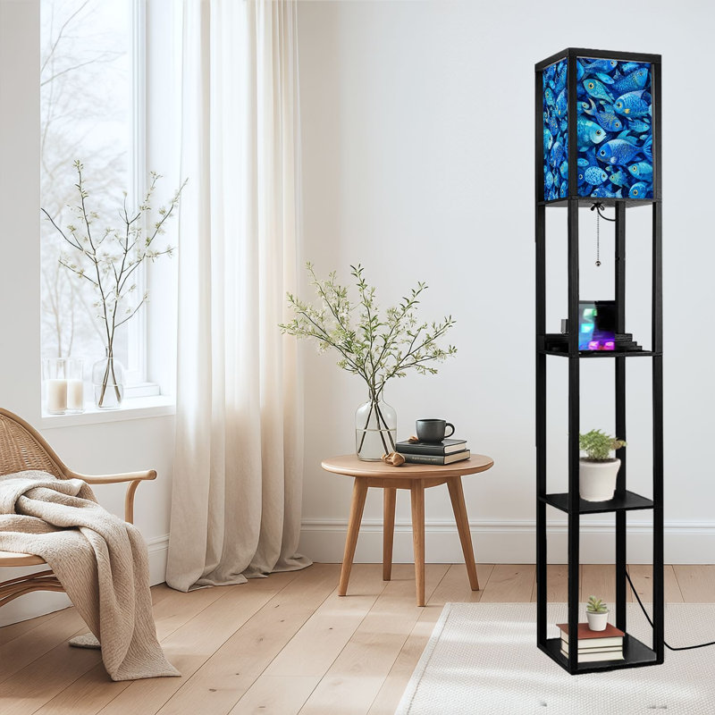 Lampe sur pied à DEL à intensité variable avec détails de poissons, bleu, océan, panneau de fibres à densité moyenne avec télécommande, lumière 3 couleurs, pour le salon, la chambre à coucher