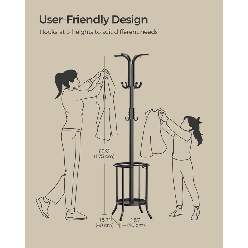 Coat Rack Freestanding, Coat Rack with Umbrella Holder with 12 Hooks, Ink Black