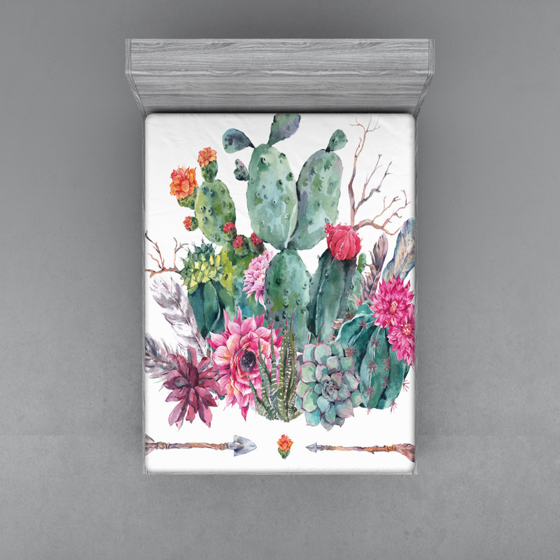Cactus Bouquet Floral Microfibre Jersey Knit Fitted Sheet, European Kingsize (160 x 200cm)