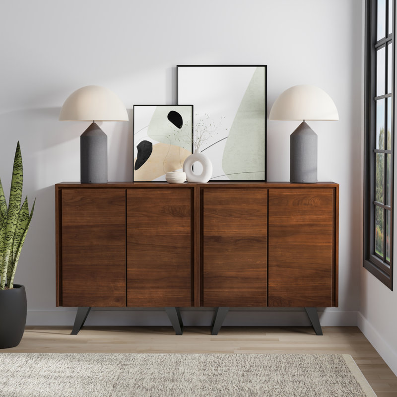 Lowry 39"W Solid Acacia Wood Modern Industrial Medium Storage Cabinet with Adjustable Shelves and Metal Legs, Walnut Veneer