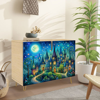 Buffet buffet avec rangement fantaisiste Fairy Tale Village Glowing Windows Under Sky avec 2 portes pour le salon et la cuisine