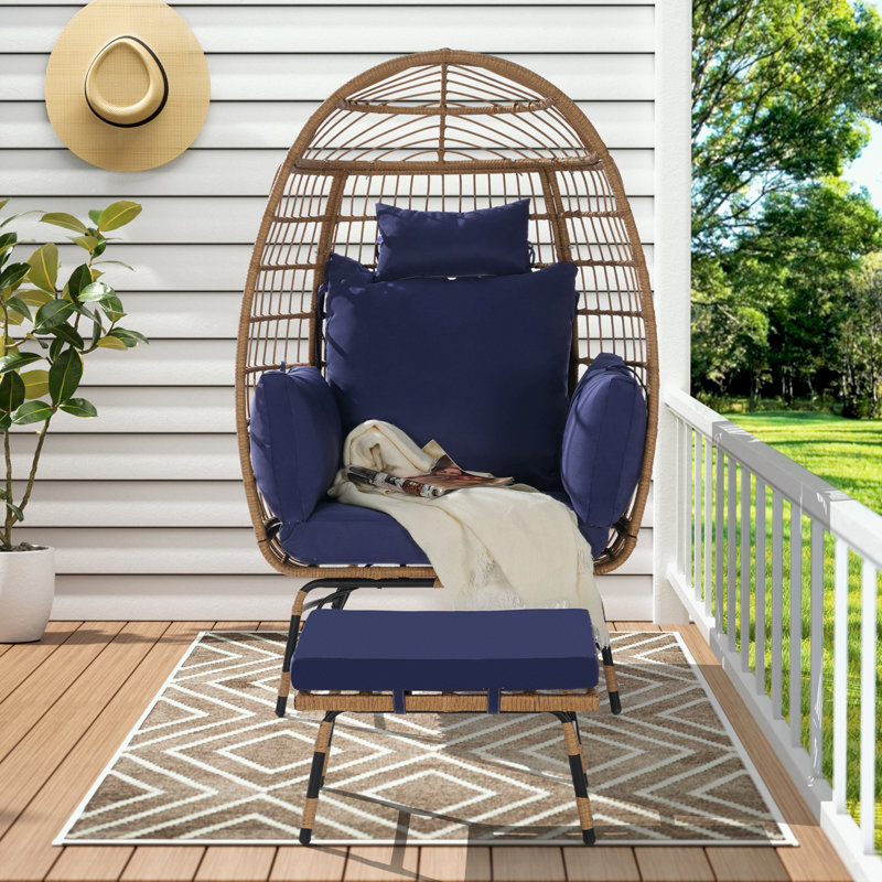 Fauteuil en rotin avec repose-pieds et coussins épais, Bleu très foncé