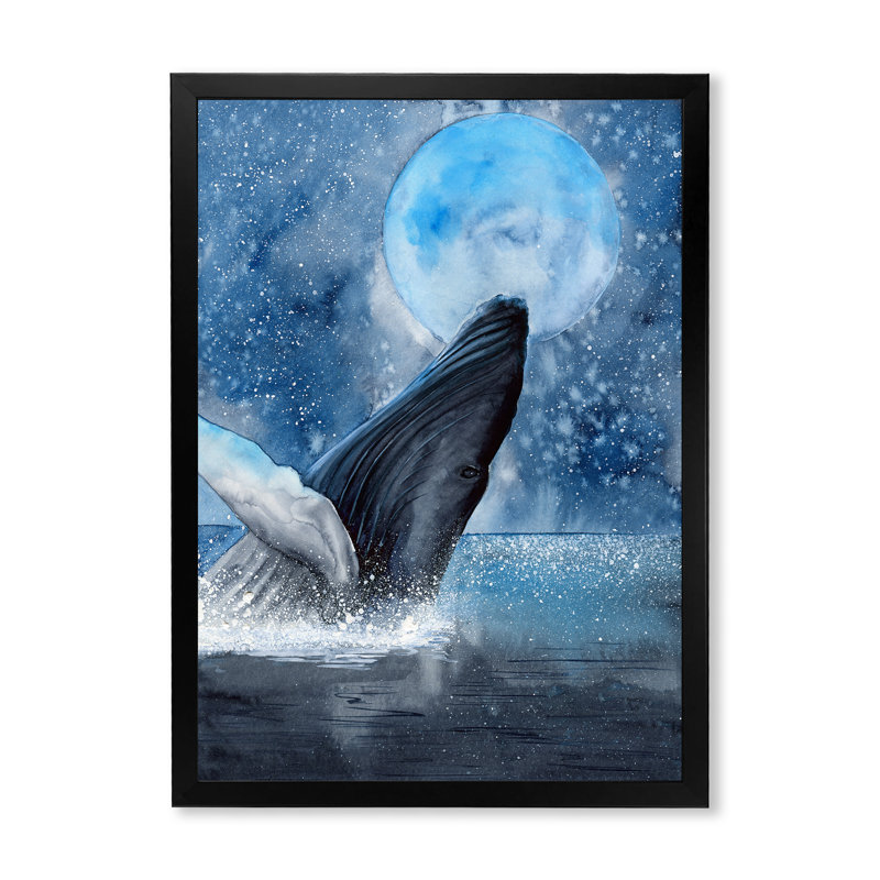 Baleine qui sort de l'océan - Peinture sur toile, Cadre noir, H 20 po x l 12 po
