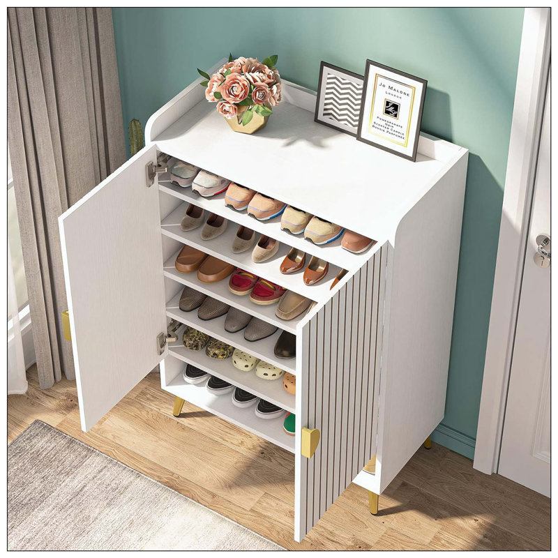 Range-chaussures avec tablettes réglables et portes, Blanc / Doré