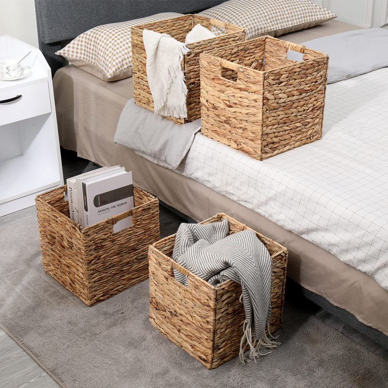 Foldable Handwoven Water Hyacinth Storage Baskets Wicker Cube Baskets Rectangular Laundry Organizer Totes,Set Of 4 Pcs.
