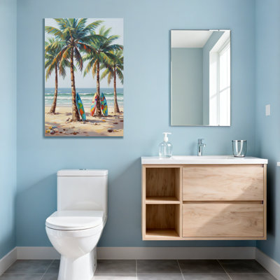 Plantes et fleurs, palmiers, planches de surf sur la plage, ciel océan, vagues de sable