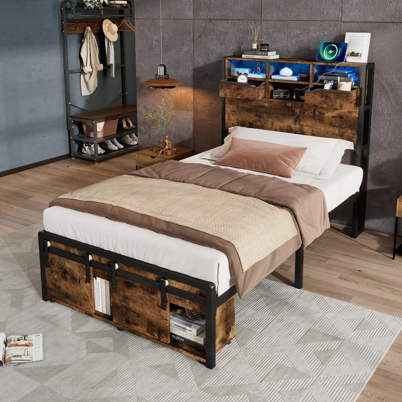 Metal Bed With Storage Industrial Style, Twin